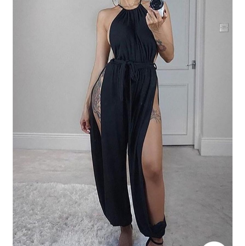 *1 XL left* Black Side Slit Jumpsuit w/ Belt - Picture 2 of 5